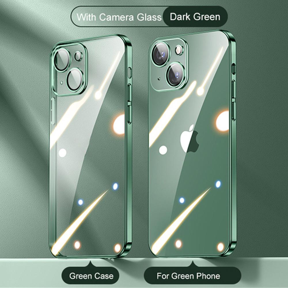 

Модный прозрачный чехол с покрытием для iPhone 14 13 12 11 Pro Max с квадратной рамкой, силиконовый чехол X XR XS Max 8 7 Plus, прозрачная задняя крышка For iPhone 13Pro Max зелёный