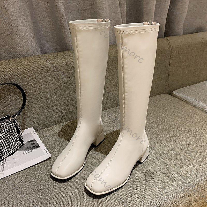 Fashion Comemore Thick Low Heel Knight Knee Boots Women Elegant Shoes Solid Color Spring Autumn Soft Leather Long Botas Large Size 43