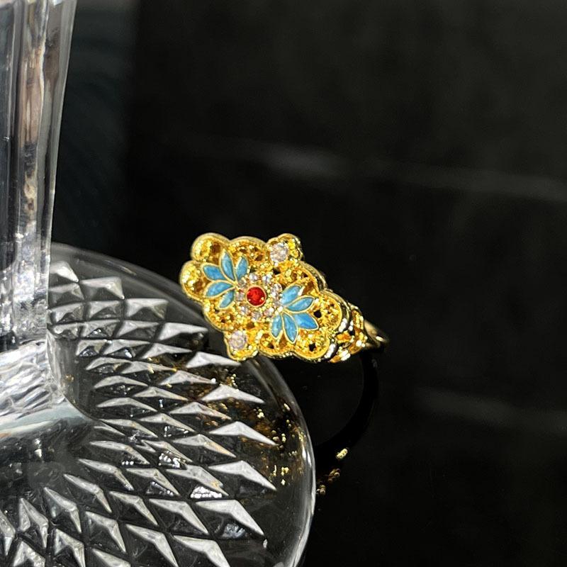 Medieval Style Colored Enamel Butterfly Flower Golden Light Color Open Ring Women's Fashion Niche Temperament Light Luxury Ring