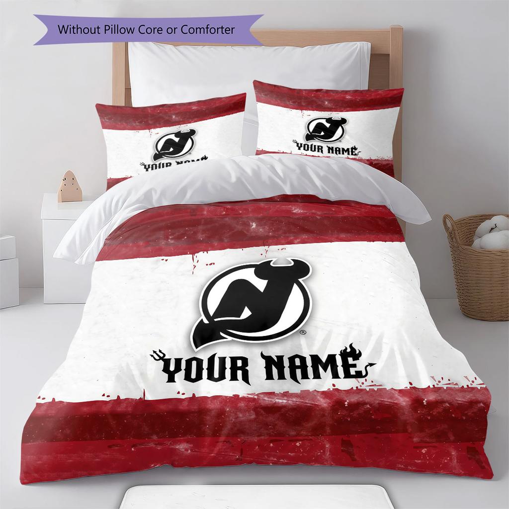 Custom Name New Jersey Devils Pattern Bedding Quilt Set Home Decoration Gift (1 * duvet cover + 2 * pillowcase without core)