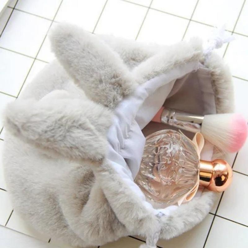 1Pcs Pocket Drawstring Bag Cute Bunny Plush Rabbit Ear Pouch With Fluffy Tail-Like Tassel Sweet Kawaii Makeup Bag Accessory