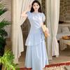 Summer College Style Short Sleeve Slimming Dress: French Waist-Cinched Long Skirt