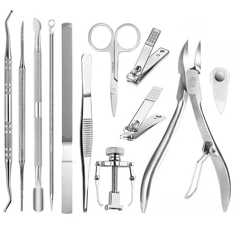 Stainless Steel Pedicure Kit 12 Pieces Professional Manicure Set Silver Portable Nail Care Tools