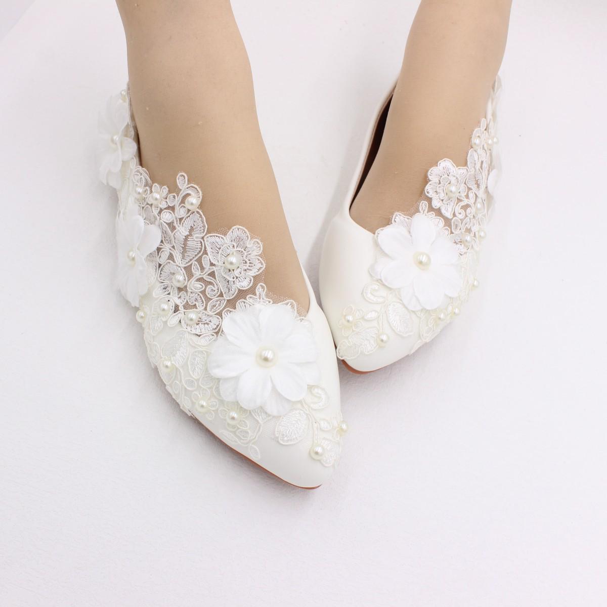 White Lace 3D Flower Flat Wedding Shoes, Large Size Bridal and Bridesmaid BH2445. 38
