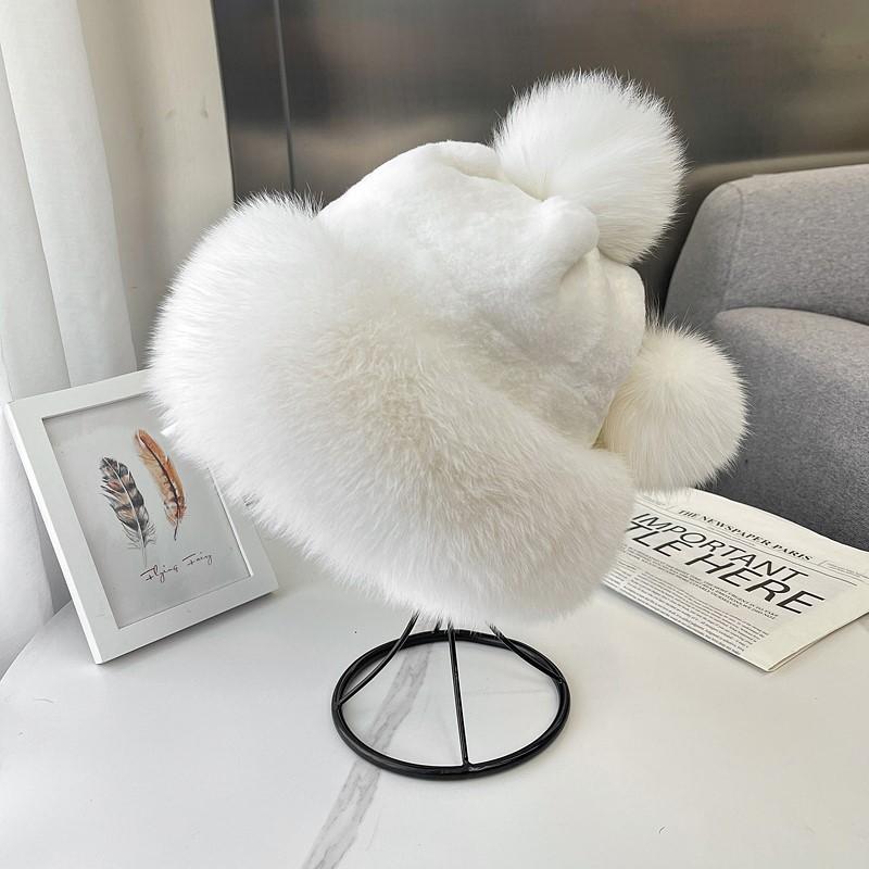 Women real fox fur hat Winter warm ear-protecting princess fur straw hat Girl outdoor thickened whole fur rex rabbit fur ski hat
