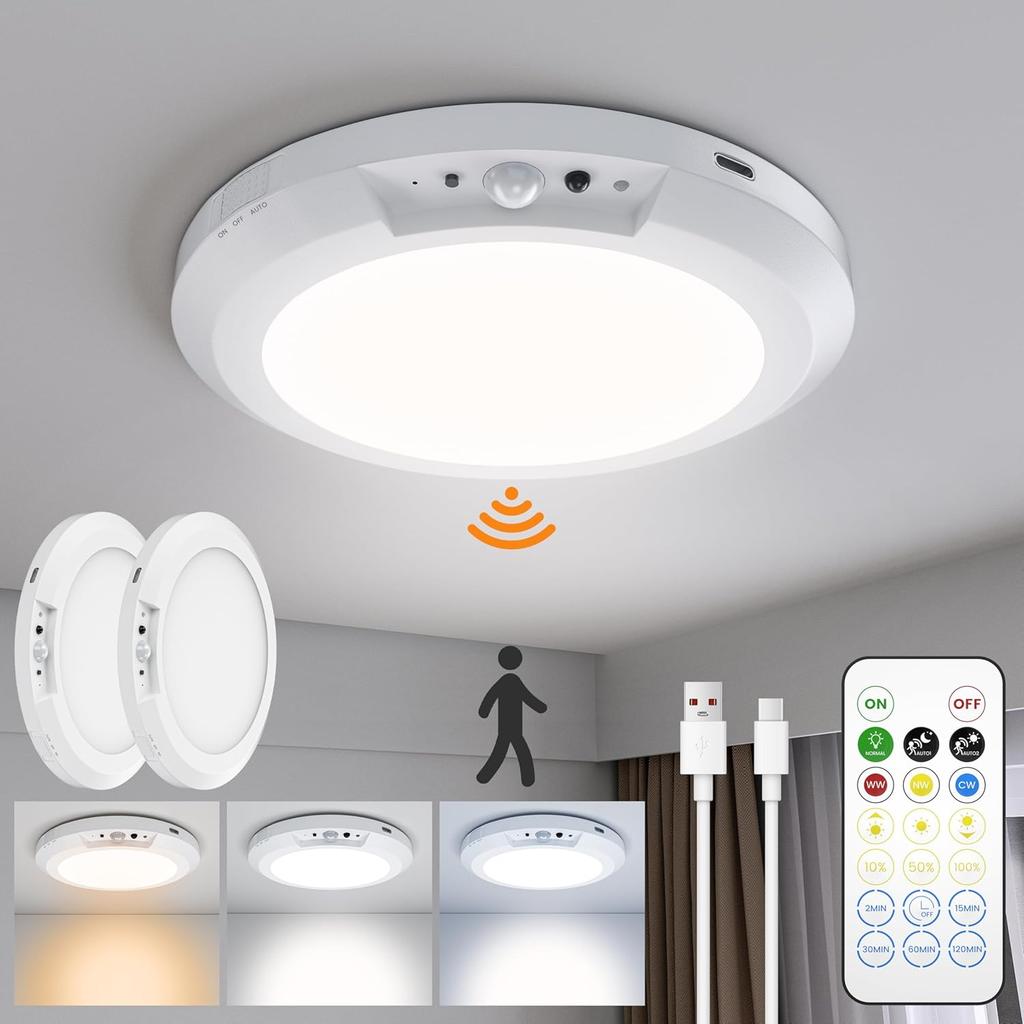 6000mAh Motion Sensor Ceiling Light 360° Wireless Rechargeable LED Shower Lights for Pantry Stairs Garage Hallway Night Light