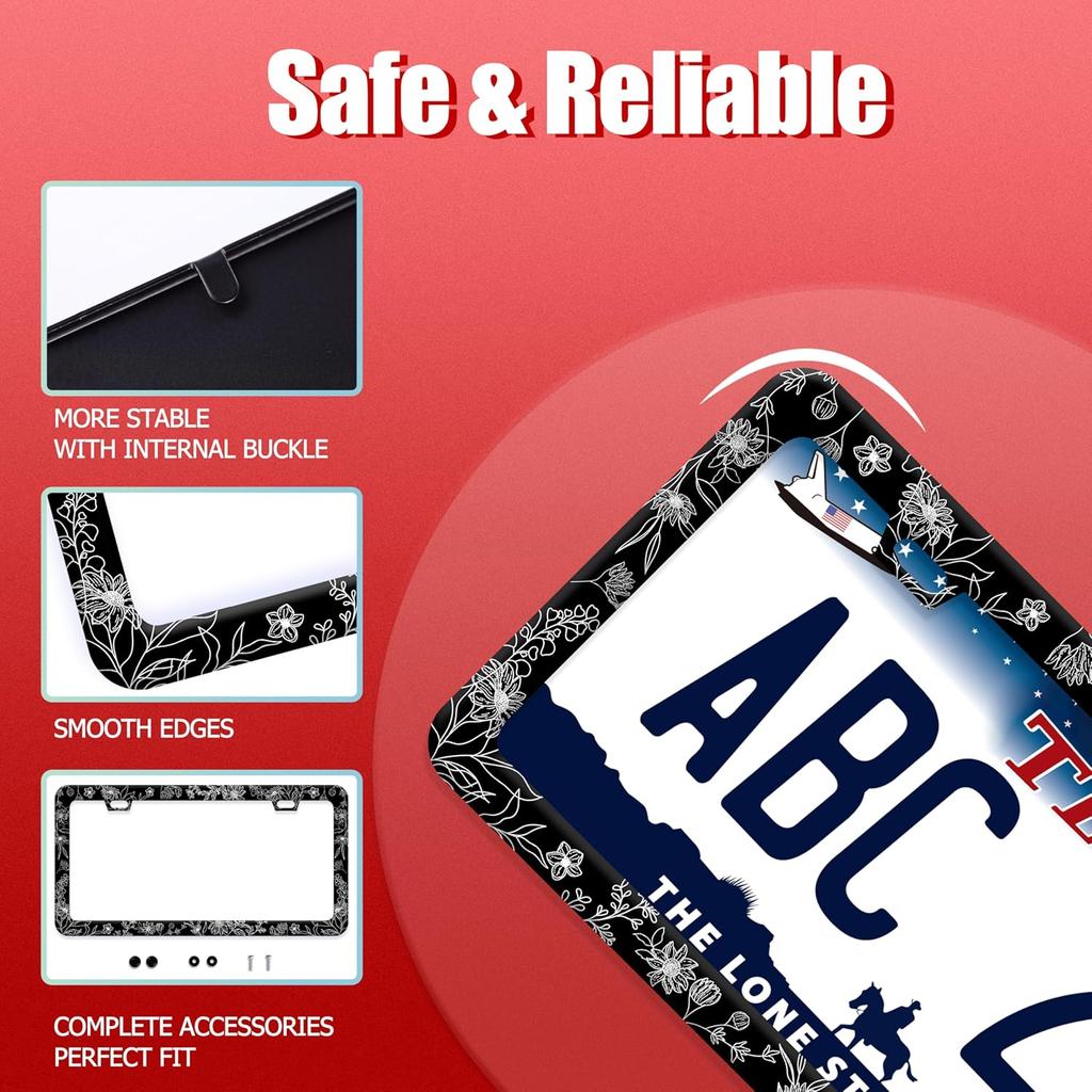 Line Art Flowers License Plate Frame Beautiful Floral License Plate Frames Funny Stainless Steel Accessories Cars Decor With 2 Holes And Screws Fits