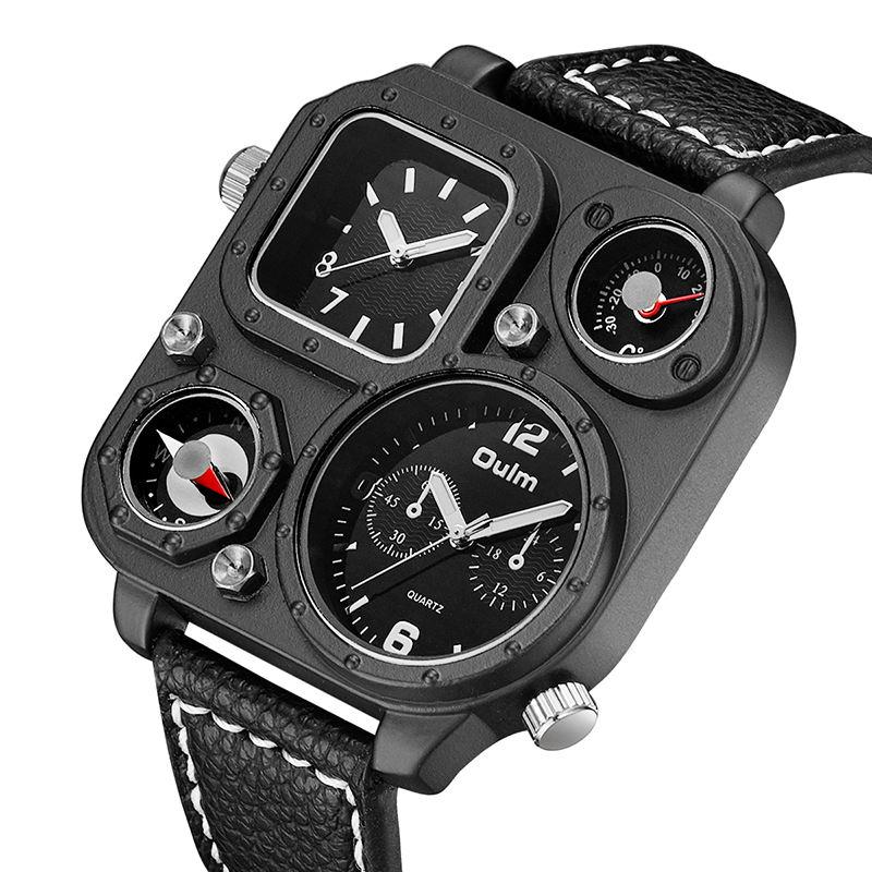 Top-tier Luxury Men's Watch, square Dial, Compass, Thermometer Design, Dual-time Quartz Vintage Sports Leather Watch
