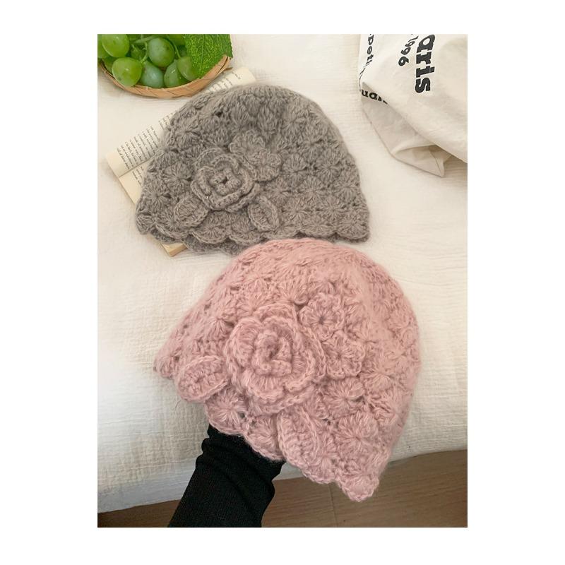 Women Japanese Style Hollow Flower Knit Beanie Autumn Winter Warm Hat