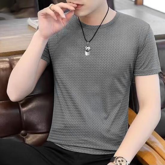 Men Top Breathable Round Neck Quick Dry Mesh Design Short Sleeve All-matched Solid Color Men Summer Top Outing Clothing