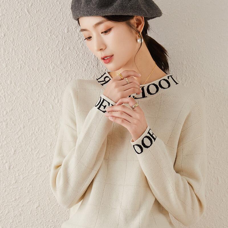 

TUHUANG Women s Pure Wool Letter Jacquard Round Neck Knit Sweater M