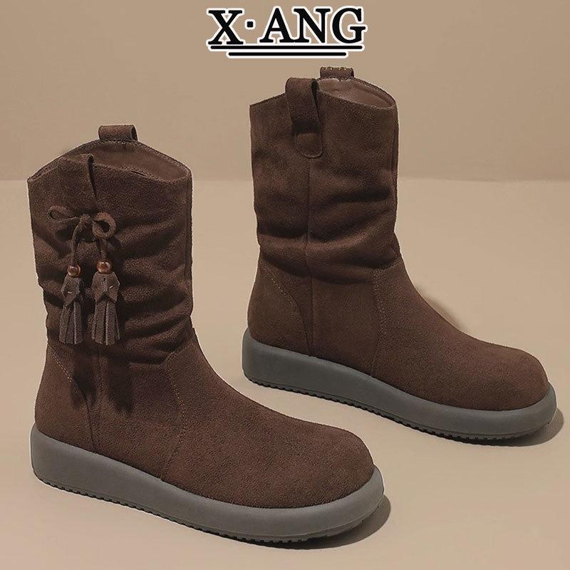 Cowhide Version Brown Boots Women's Medium Boots Pleated Stacking Boots Autumn and Winter New Martin Boots Women's
