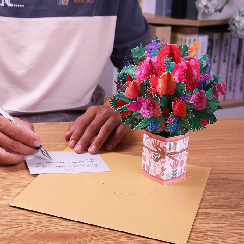 Paper Flower Bouquet Card Forever Flower Bouquet 3D Pop Up Greeting Cards For Valentines Day Graduation Day