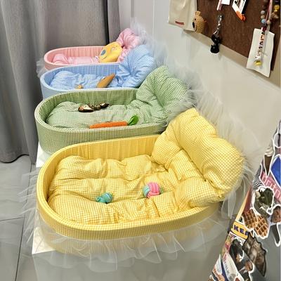 [Cama per animali in poliestere a quadri] Cama traspirante in poliestere a quadri per gatti di taglia piccola e media | Confortevole con bordo decorativo in pizzo | Include morbido cuscino imbottito