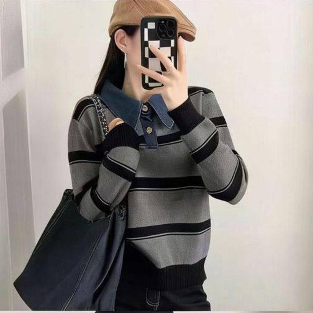 Age-reducing contrasting stripes long-sleeved Polo collar women's 1011 new autumn and winter lazy style Korean versatile sweater