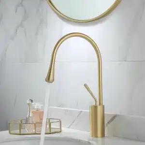 Golden Swan Neck Faucet, High Arc Deck Mount Tap for Bathroom Vanity & Kitchen Island, Cold & Hot Water Mixer