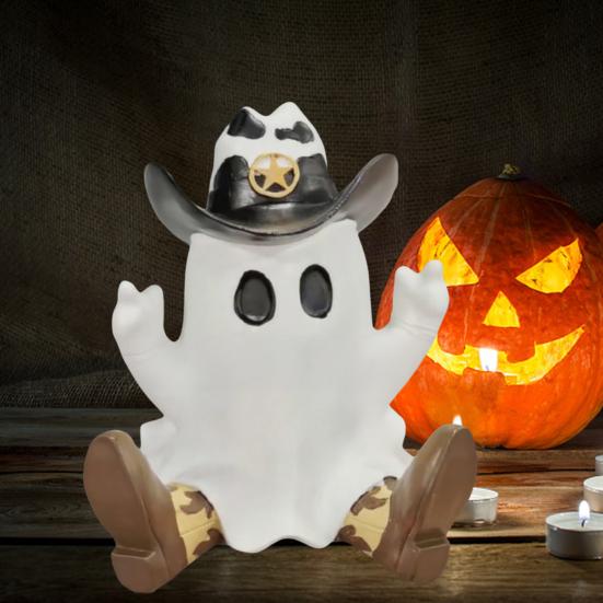 Halloween Cowboy Ghost Statue Resin Ghost Figurine in Cowboy Boots Hat Tabletop Ghost Decoration for Home Party Centerpiece Mantel