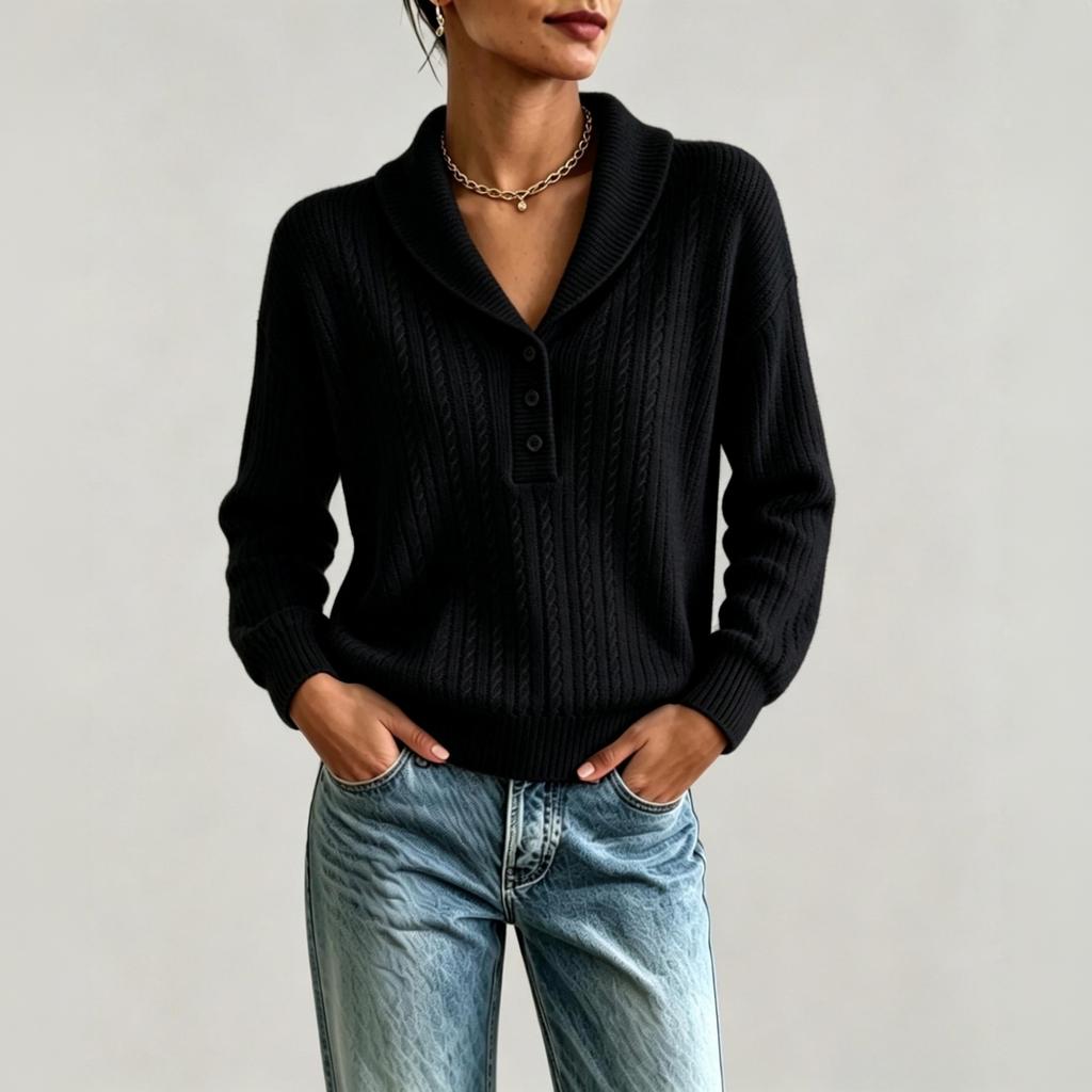 Damen Pullover mit Kragen und Zopfmuster, lockere Passform - schmeichelhaftes Freizeit Oberteil