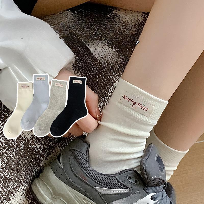 Cloth Label Pile Socks, Girls' Solid Color Simple Style Socks, Spring and Summer Versatile Mid-calf Socks, Women's Cotton Socks