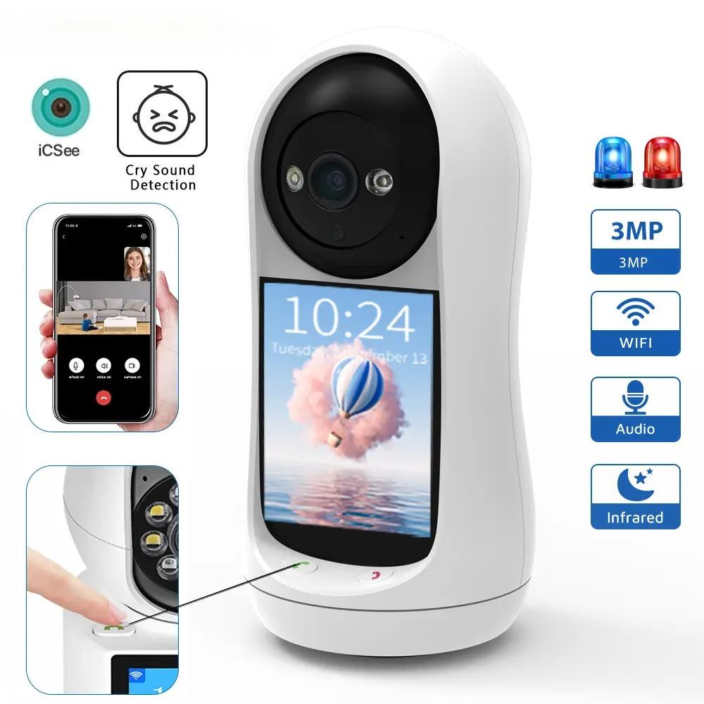 Telecamera Wi-Fi PTZ da 3 MP Videochiamata con Schermo IPS da 2,8 Pollici Rilevamento del Pianto del Bambino Telecamera IP di Sicurezza Monitor per Bambini e Animali Domestici iCSee Smart Hom
