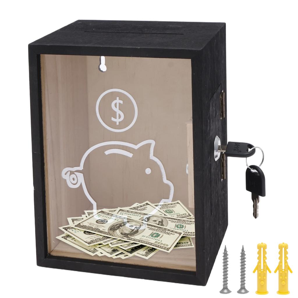 1Pc Clear Piggy Bank Wooden Money Boxes with Lock Large Money Saving Jar Cash Coin Storage Box Money Bank Box for Kid and Adults