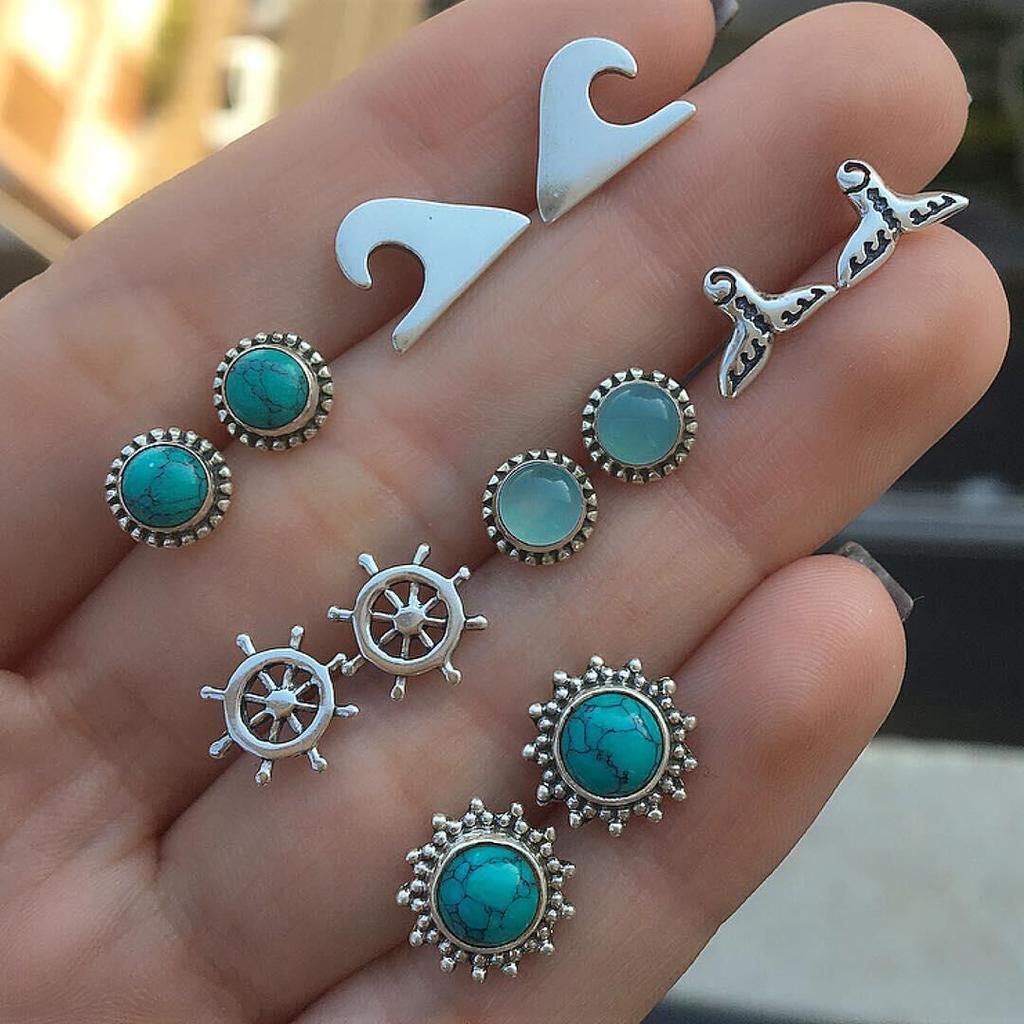 Fashion Bohemian Mermaid Rudder Turquoise Stud Earrings 6-Piece Set
