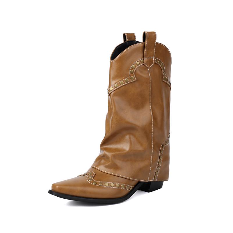 FOREADA Women Mid Calf Cowgirl Boots Round Toe Block High Heels Cowboy Boots Metal Decoration Western Boots Ladies Fashion Shoes Autumn Winter