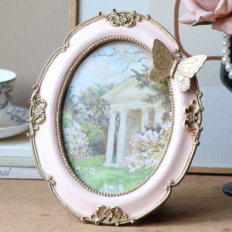 French Vintage Photo Frame 7 Inch, Elegant Luxury Oil Painting Style Butterfly Wall Mount & Tabletop Display for Home Decor Gift