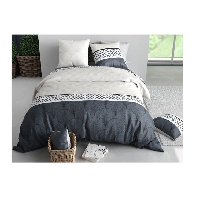 Parure De Lit - Eventails Graphique - 260x240 Cm - 100% Coton - Lavable À 40°C