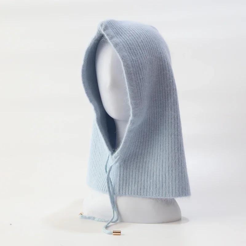 Rabbit Fur Knitted Scarf Hood Hat Women Beanies Warm Winter Unisex  Balaclava Skiing Outdoor Bonnet Thick Earflap Hat