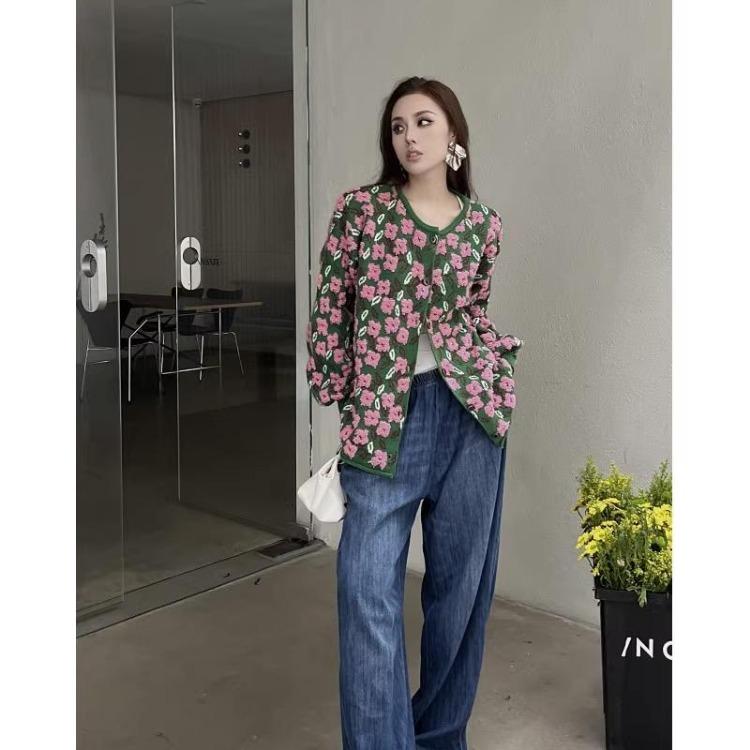 Green Floral Knitting Sweaters Jacket Autumn Winter Oversize Casual Women Cardigan Plus Size Loose Sweater Fashion