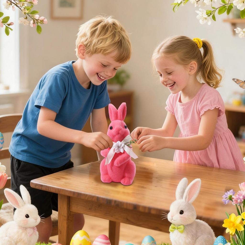 Flocked Bunnies Compact Rabbit Figure Art Moss Bunny Decor For Family Friends Holiday Home Indoor Bedroom Shelf Cabinet Entrance