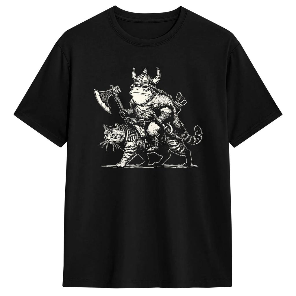 Men's Medieval Frog Riding Cat Weird Goblin Frog Funny Meme Retro T Shirts Cotton Tops Hipster Short Sleeve Round Neck Tees