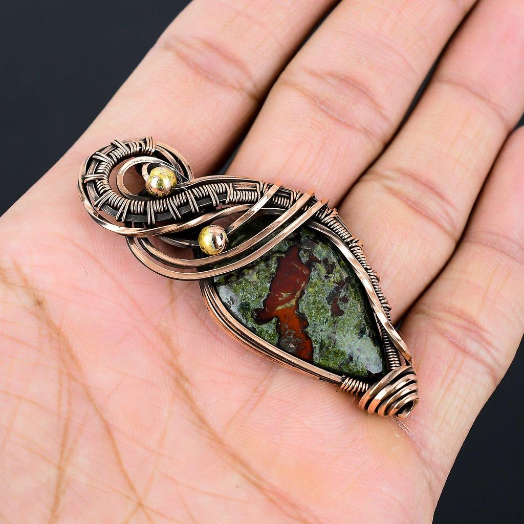 Dragon Blood Jasper Gemstone Pure Copper Wire Wrapped Handmade Jewelry Pendant