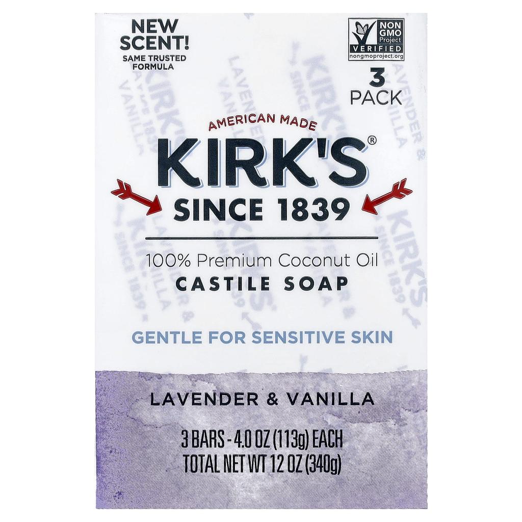 Kirk'S, 100% Premium Coconut Oil Castile Bar Soap, Lavender & Vanilla, 3 Bars, 113G (4Oz) Each