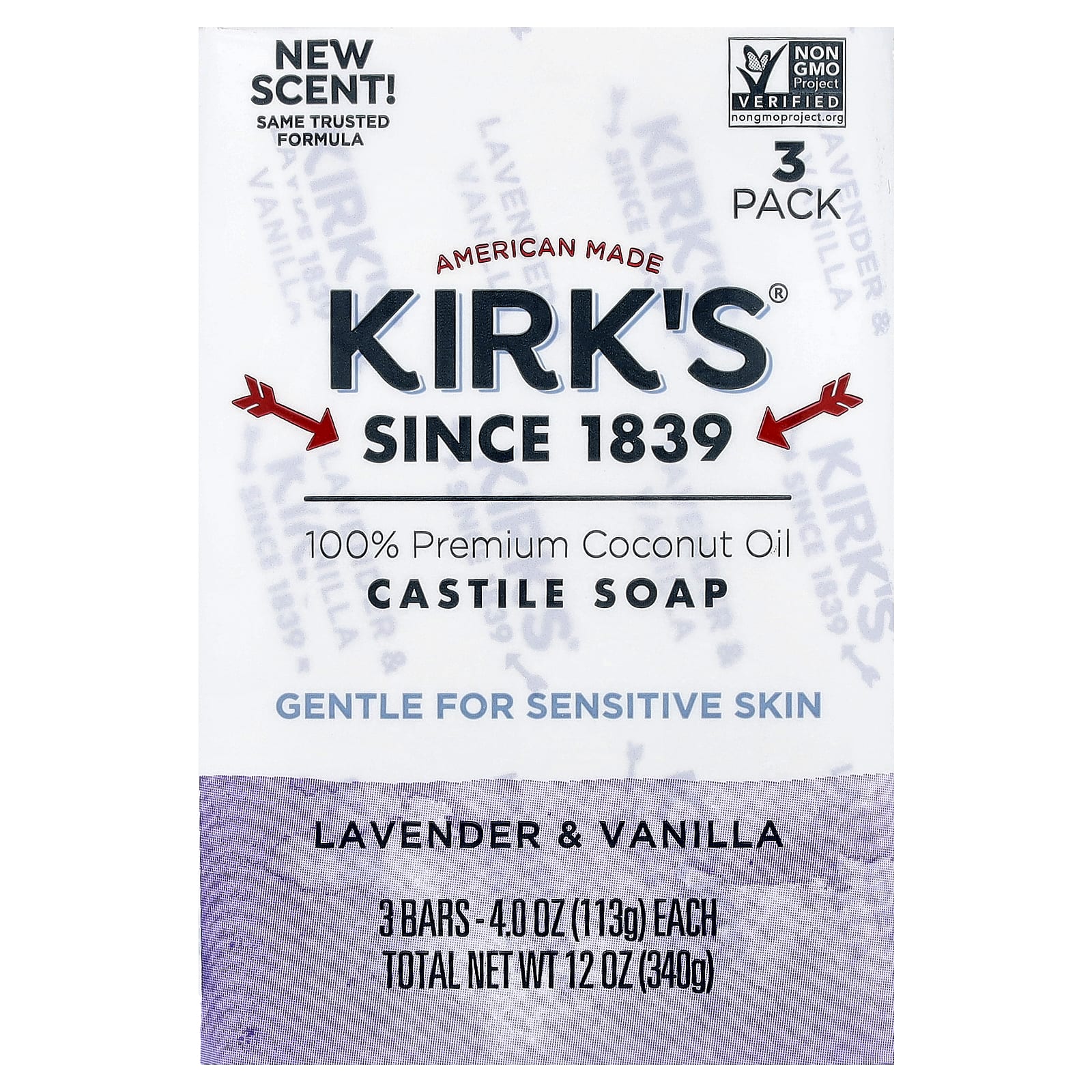 

Kirk S, 100% Premium Coconut Oil Castile Bar Soap, Lavender & Vanilla, 3 Bars, 113G (4Oz) Each