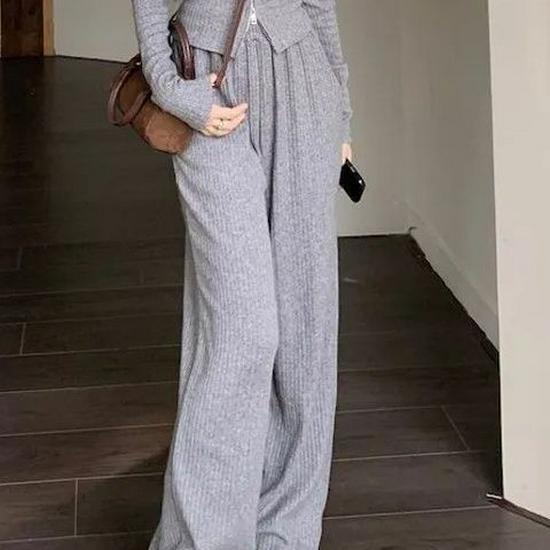 

Women s Casual Sportswear Set: Spring/Autumn, Doll Collar, Stylish, Slimming, Lapel Jacket & Wide-Leg Pants, 3-Piece Set 2XL [Recommended for 130-150 lbs]