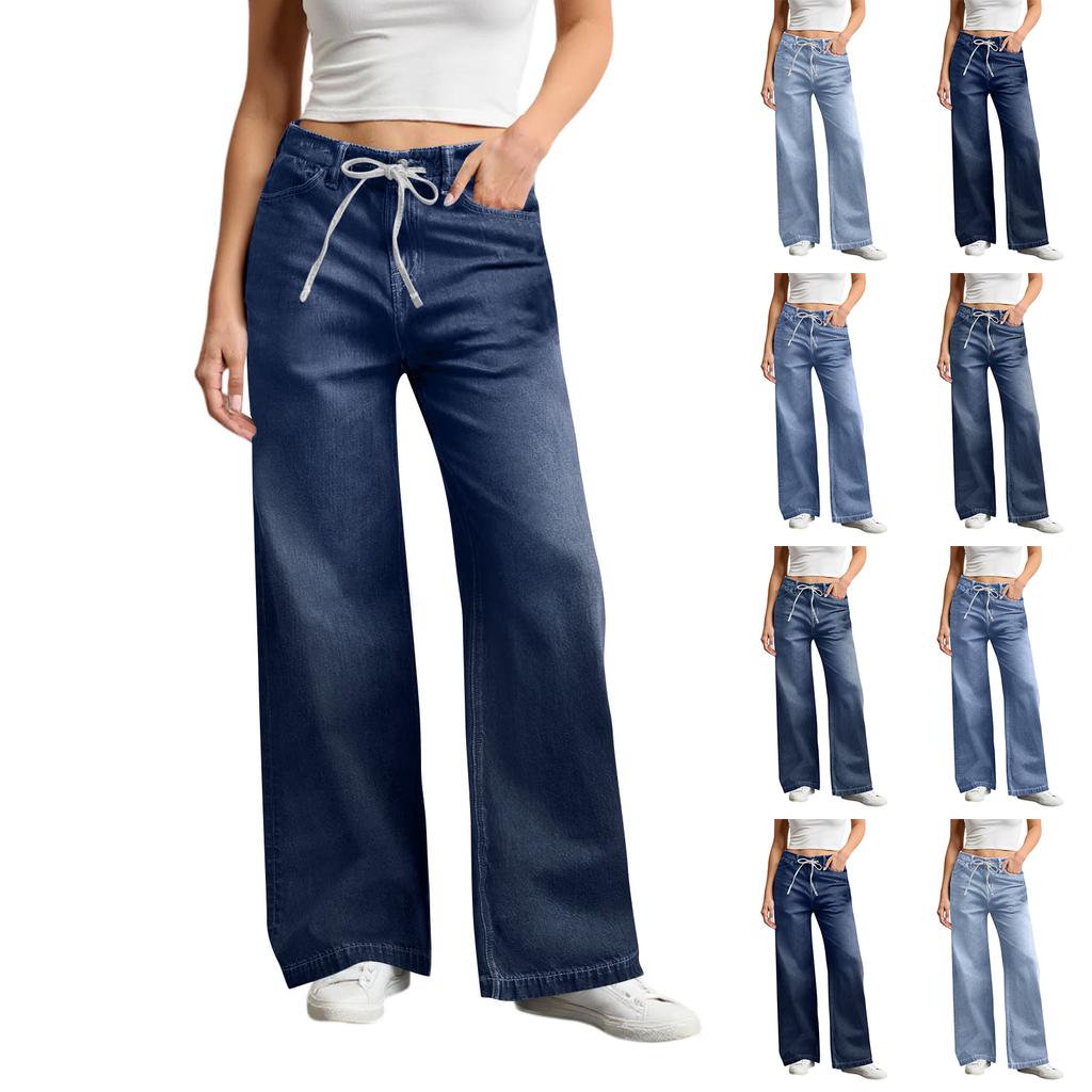 Women's Wide Leg Jeans High Waisted Stretchy Straight Leg Baggy Drawstring  Denim Pants