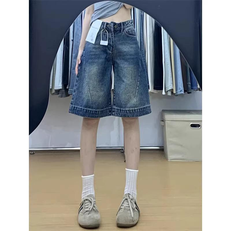 Plus Size Vintage American A-line High Waist Denim Shorts for Women - Summer Slimming Wide Leg Capris