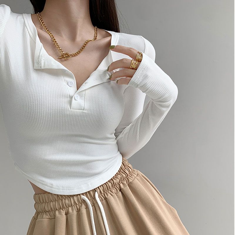 

Женские однотонные футболки с длинным рукавом, воротниками на пуговицах, сексуальные, для вечеринок, клубов, баров, простые топы Y2K для девушек L призрак белого