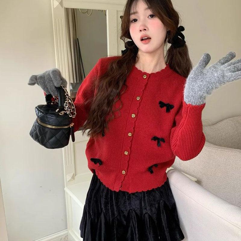 New autumn style bow knit sweater with lace design short and gentle sweater cardigan for women