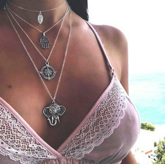 

Многослойное ожерелье в богемном стиле с подвесками в виде листьев, пальм, компаса и слона — горячая распродажа