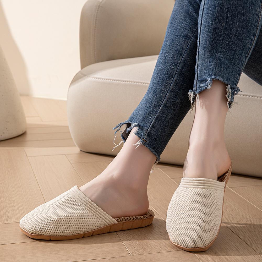 

2025 new women s solid color bag head linen slippers flat bottom light and breathable men s and women s same four-season linen slippers 44-45