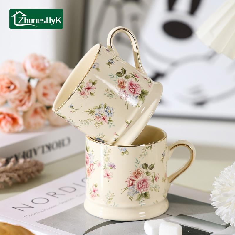 Nordic Hand Drawn Flower Ceramic Mugs Light Luxury Coffee Cups Golden Edged Milk Cup Breakfast Mug Kitchen Drinkware