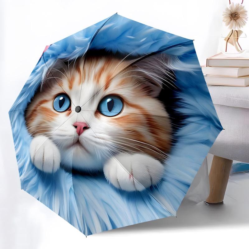 1pc Cat Print Auto-Fold Umbrella with One-Touch Open/Close - 8 Reinforced Ribs for Windproof Stability,  Yy251118121