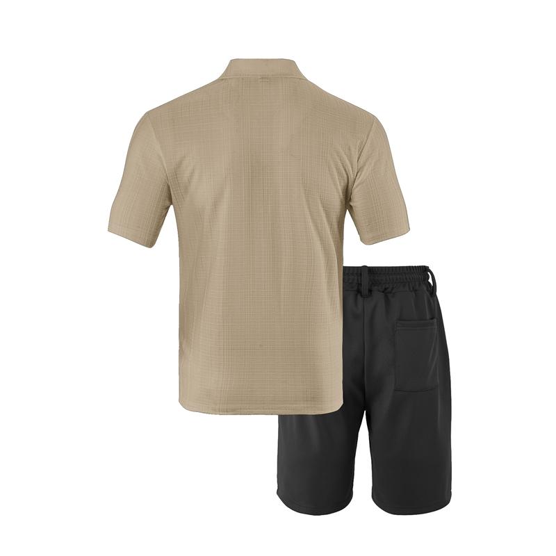 Summer Men Matching Outfit Sets Grid Texture Short Sleeve Polo Shirts Elastic Drawstring Casual Shorts Daily Beach Vacation Two Piece Tracksuit