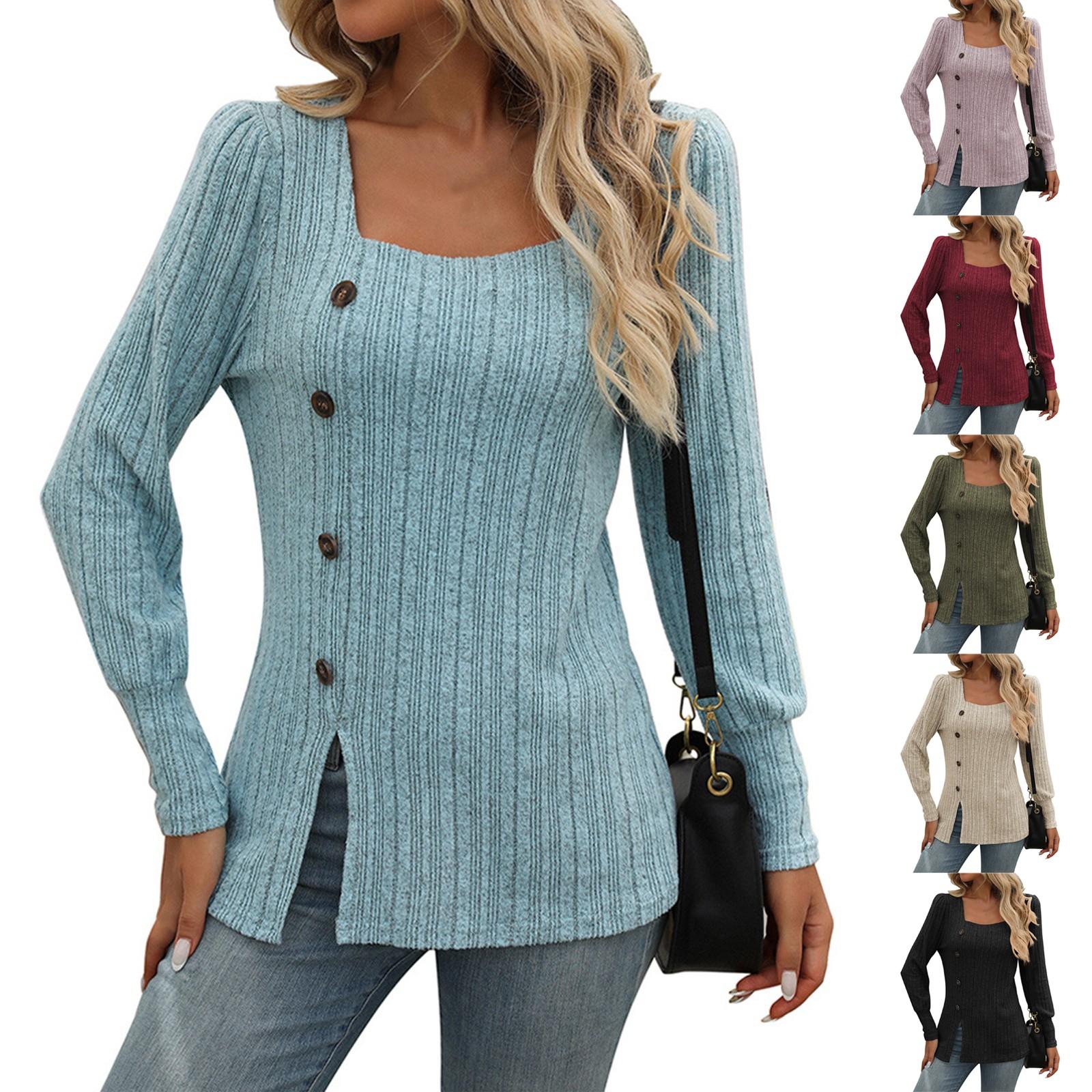 

Women s Fashionable Casual Solid Color Square Collar Button Long Sleeved T-shirt Top M винний