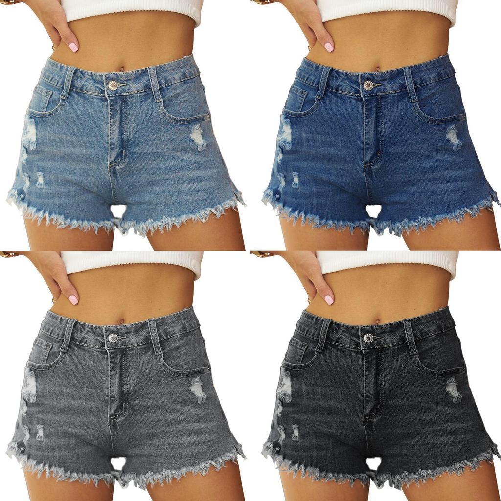 Trendy Ripped Tassel Stretch Denim Shorts for Women
