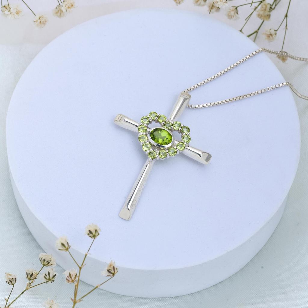 Peridot Cross Pendant: Sterling Silver Heart Charm