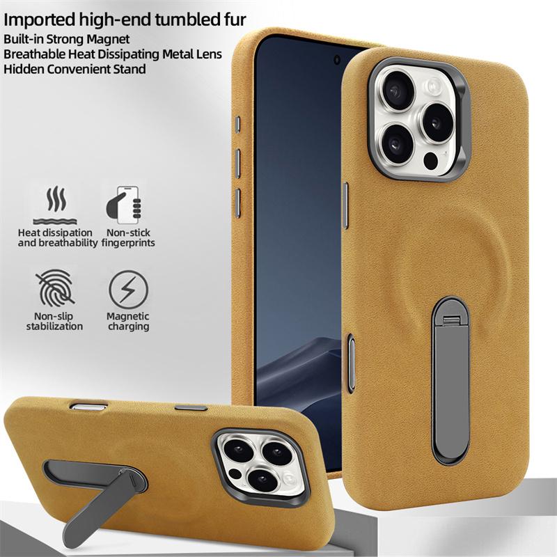 Luxury Magsafe Suede PU Leather Phone Case for iPhone 15 Pro /16 Pro Max Metal Alloy Lens 360 ° Rotating Bracket Magnetic Cover